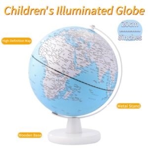 8 Inch Kids LED Illuminated English Desktop Globe | White Metal Meridian & Solid Wooden Base Educational Night Light Globe