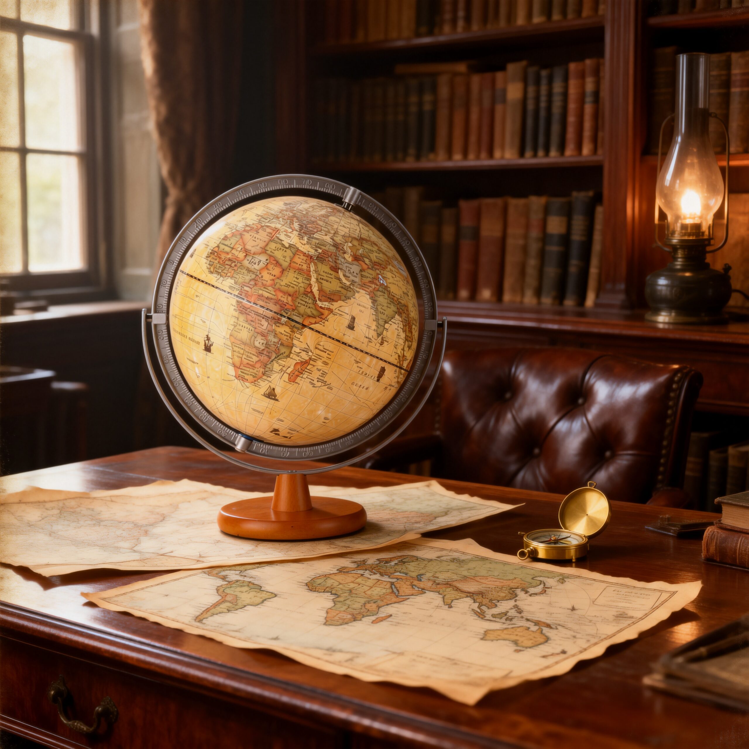 30cm 12Inch Vintage Antique Sailing Ship Pattern World Globe | Full-circle Chrome Metal Meridian & Solid Single Cone Wooden Base Multi-language Desktop Globe HW3006