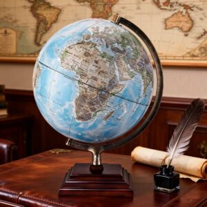 32cm 12.6 Inch HD Blue Topographic World Globe | Antique Bronze Metal Meridian & Tiered Square Solid Wood Base English Desktop Globe HW3004