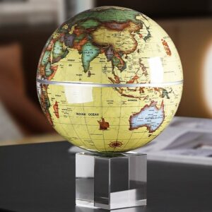 6 Inch 15cm Solar Powered Auto Rotating Antique Desk Globe with Clear Crystal Base | English Map Office Decor Globe