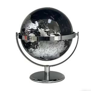 8 Inch 20cm Black Silver Universal Gimbal Rotating World Globe | Polished Chrome Metal Stand Modern Luxury Desktop Decor Globe HM2008