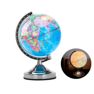 8 Inch 20cm Touch Control LED Illuminated World Globe | Graduated Chrome Metal Meridian & Conical Metal Base English/French Desktop Night Light Globe HM2002
