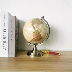 14.2cm Vintage Antique English Desktop Globe with Bronze Metal Meridian & Base | Classic Paper Map Office Decor Globe