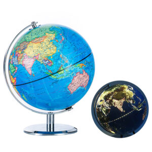20cm 8 Inch Dual-view LED Illuminated World Globe | Chrome Metal Stand English/French Custom Multilingual Educational Night City Light Globe HM2009