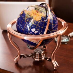 Sapphire Gemstone Inlaid Desktop Globe | Tri-legged Antique Brass Metal Stand Chinese & English Dual Language Luxury Decor Globe