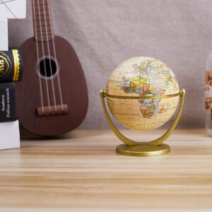 10cm Antique Beige Desktop World Globe | 720° Rotatable Golden Plastic Bracket Mini Decor Globe
